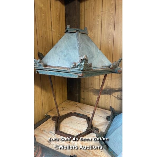 1027 - 5X ASSORTED METAL LIGHT LAMP COVERS INCLUDING JOSEPH KNIGHT LAMP CO. LTD, LARGEST APPROX 59CM HIGH