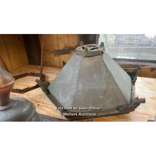 1027 - 5X ASSORTED METAL LIGHT LAMP COVERS INCLUDING JOSEPH KNIGHT LAMP CO. LTD, LARGEST APPROX 59CM HIGH