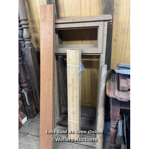 1035 - LARGE QUANTITY OF WOODEN ITEMS INCL. WINDOW FRAMES, CORNER SHELF, AS FOUND LADDER, PACK OF NEW TIMBE... 