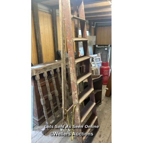 1035 - LARGE QUANTITY OF WOODEN ITEMS INCL. WINDOW FRAMES, CORNER SHELF, AS FOUND LADDER, PACK OF NEW TIMBE... 