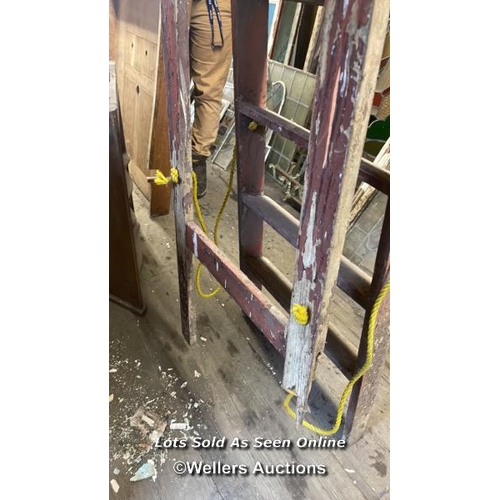 1035 - LARGE QUANTITY OF WOODEN ITEMS INCL. WINDOW FRAMES, CORNER SHELF, AS FOUND LADDER, PACK OF NEW TIMBE... 