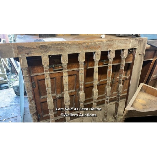 1035 - LARGE QUANTITY OF WOODEN ITEMS INCL. WINDOW FRAMES, CORNER SHELF, AS FOUND LADDER, PACK OF NEW TIMBE... 