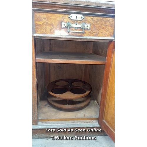 1036 - LARGE ORNATE DINING ROOM CABINET, WITH LAZY SUSAN, FELT LINED CUTLERY DRAWER AND ORIGINAL BRASS FITT... 