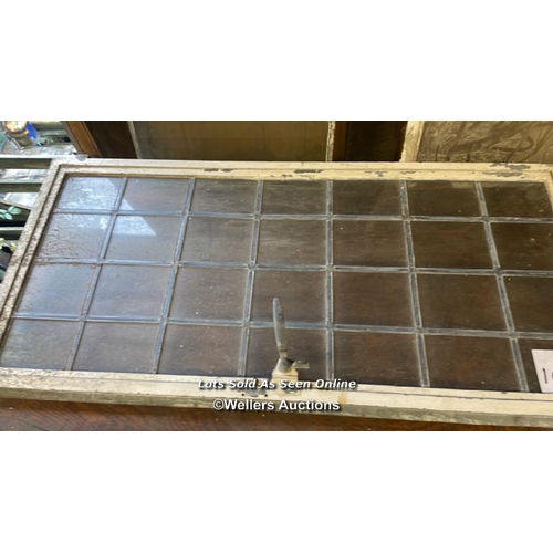 1037 - 2X VINTAGE WINDOWS WITH CAST IRON FRAME AND ONE ART DECO STYLRE EMBOSSED GLASS PANEL, LARGEST 107CM ... 