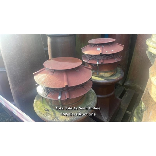 1038 - PAIR OF SALT GLAZED CHIMNEY POTS WITH BIRDGUARDS, 66CM (H) X 36CM X 36CM AT BASE