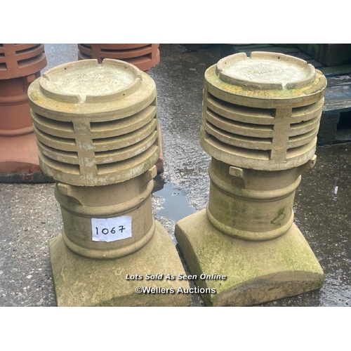 1067 - PAIR OF YELLOW CYLINDRICAL VENTED CHIMNEY POTS, 63CM (H) X 34CM X 34CM AT BASE