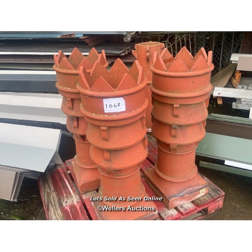 1068 - 3X LARGE VENTED CROWN TOP CHIMNEY POTS, 100CM (H) X 34CM X 34CM AT BASE