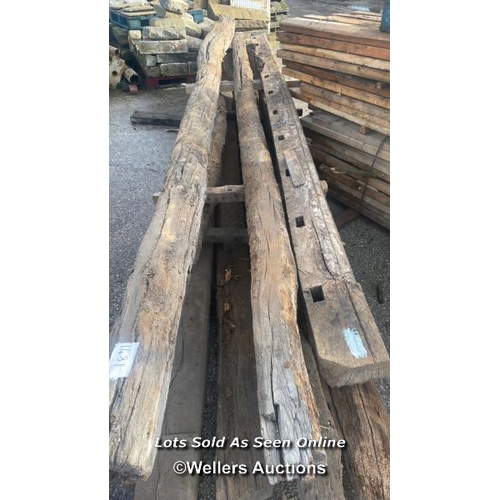 1481 - 3X UNFINISHED RUSTIC OAK BEAMS, LARGEST APPROX. 580CM (L), SEE EXAMPLE OF FINISHED PIECE IN LOTS 106... 