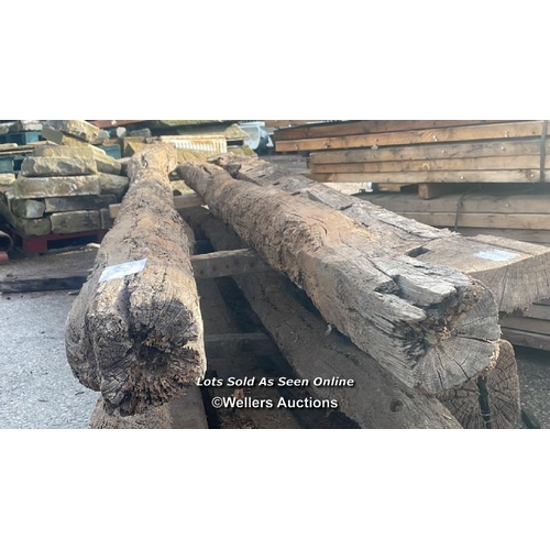 1481 - 3X UNFINISHED RUSTIC OAK BEAMS, LARGEST APPROX. 580CM (L), SEE EXAMPLE OF FINISHED PIECE IN LOTS 106... 