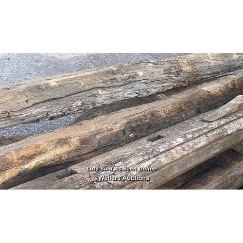 1481 - 3X UNFINISHED RUSTIC OAK BEAMS, LARGEST APPROX. 580CM (L), SEE EXAMPLE OF FINISHED PIECE IN LOTS 106... 