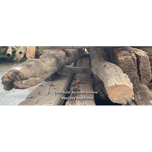 1482 - 3X UNFINISHED RUSTIC OAK BEAMS, LARGEST APPROX. 520CM (L), SEE EXAMPLE OF FINISHED PIECE IN LOTS 106... 