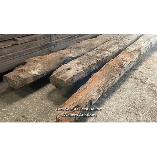 1484 - 3X UNFINISHED RUSTIC OAK BEAMS, LARGEST APPROX. 455.5CM (L), SEE EXAMPLE OF FINISHED PIECE IN LOTS 1... 