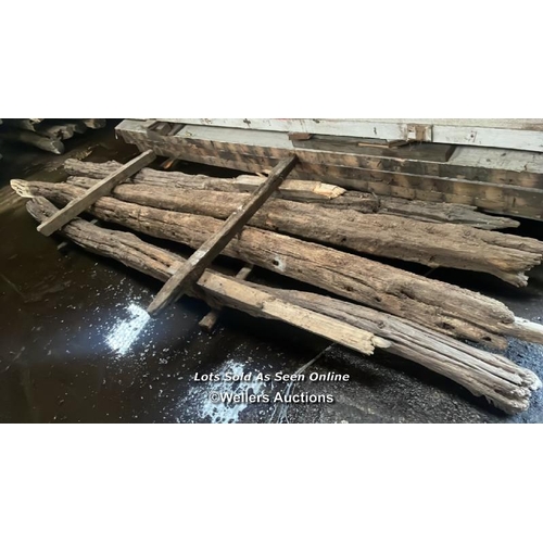 1491 - 4X UNFINISHED RUSTIC OAK BEAMS, LARGEST APPROX. 430CM (L), SEE EXAMPLE OF FINISHED PIECE IN LOTS 106... 