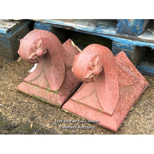 1508 - PAIR OF VICTORIAN TERRACOTTA DECORATIVE FINIALS, 32CM (H) X 30CM (L)