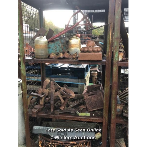 1512 - INDUSTRIAL METAL SHELVING RACK, FULL OF VARIOUS IRONMONGERY INCL. COBBLERS LASTS, AND LOTS MORE