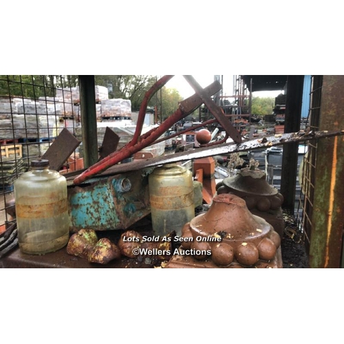 1512 - INDUSTRIAL METAL SHELVING RACK, FULL OF VARIOUS IRONMONGERY INCL. COBBLERS LASTS, AND LOTS MORE