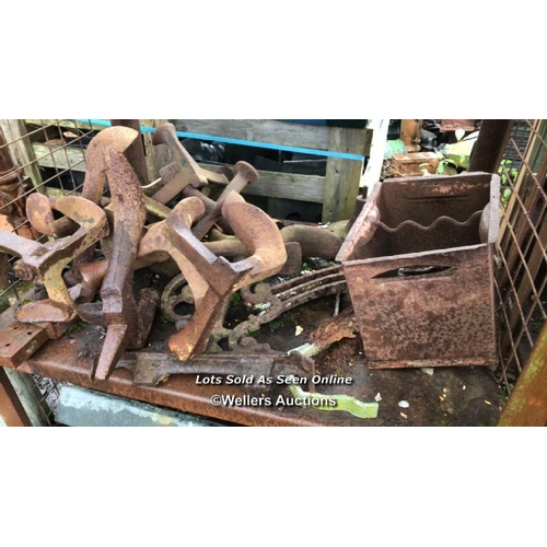 1512 - INDUSTRIAL METAL SHELVING RACK, FULL OF VARIOUS IRONMONGERY INCL. COBBLERS LASTS, AND LOTS MORE