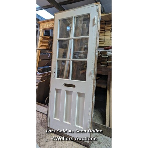 311 - Modern front door and pine frame, no lock or handle. Frame 85cmw x 208cm h x 8cm d