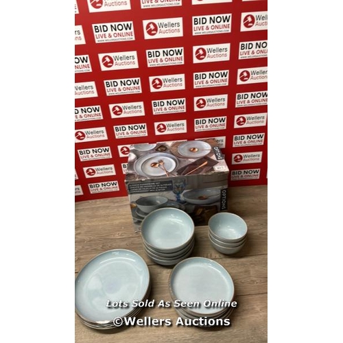 4080 - OVER & BACK STONEWARE DINNERWARE SET / APPEARS NEW OPEN BOX / THREE DINNER PLATES DAMAGED / D30