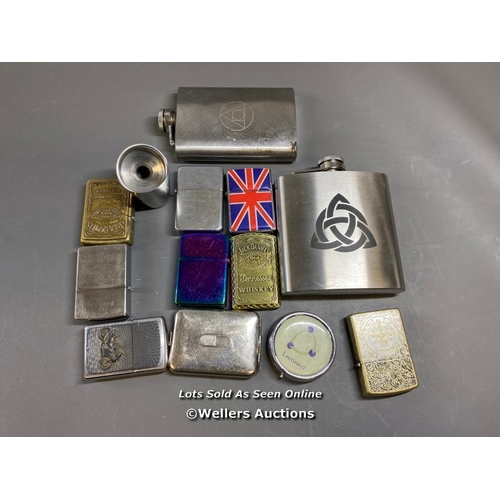 9538 - ASSORTMENT OF LIGHTERS AND FLASKS INCL. X3 ZIPPO LIGHTERS