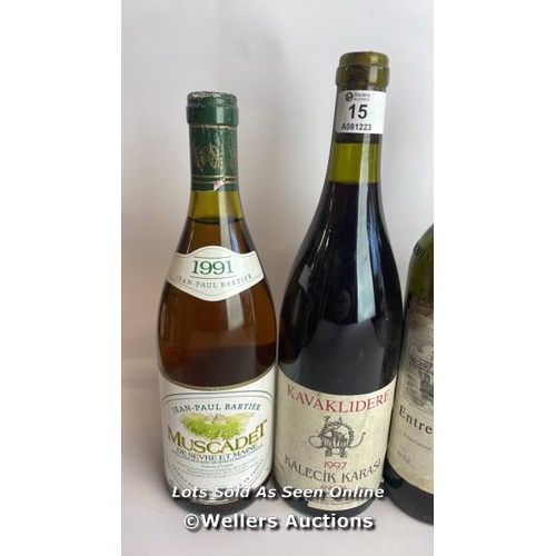 15 - Four bottles of vintage wine Inc. 1997 Kavaklidere Kalecik Karasi, 1991 Jean-Paul Bartier Muscadet D... 