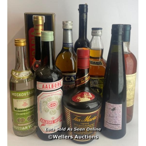 82 - Nine bottles of assorted alcohol and liqueur inc. Tia Maria, Vieux Special, Aalborg Akvavit, Moskovs... 