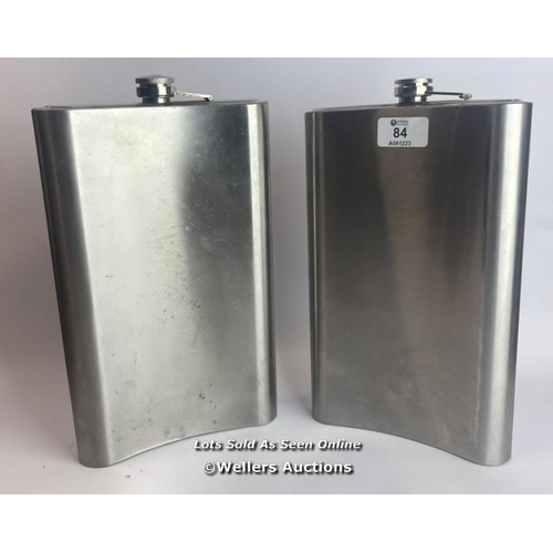 84 - Six hip flasks, inc.Large 64oz, Electronic plated, and Pewter