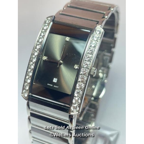 311 - Tungsten wristwatch, quartz movement, tank style case with cubic zirconia borders on mirror bracelet... 