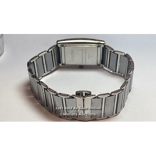 311 - Tungsten wristwatch, quartz movement, tank style case with cubic zirconia borders on mirror bracelet... 