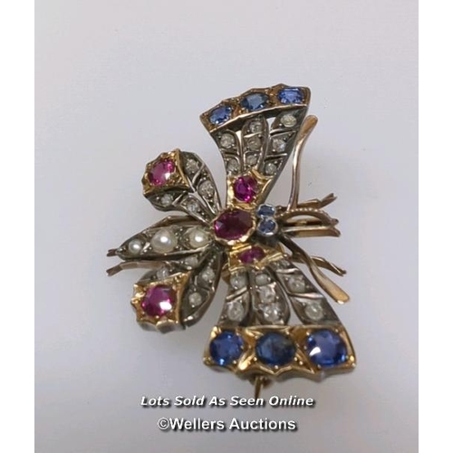 348 - Late Victorian ruby, sapphire, diamond and pearl butterfly brooch with pendant loop and removable br... 