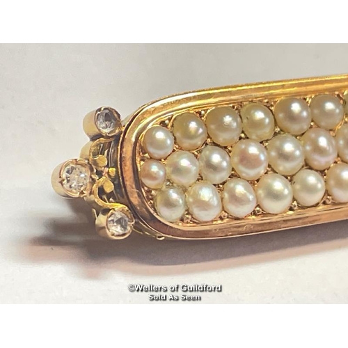 343 - Stock pin in yellow metal with three rows of split pearls and rose cut diamond terminations, not hal... 