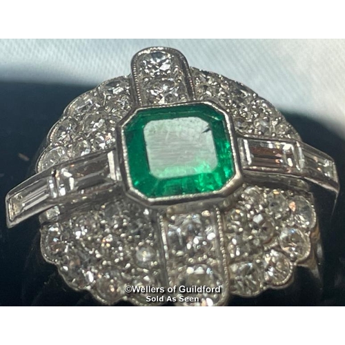 347 - Emerald and diamond ring stamped PT950, set with round brilliant cut, single cut and baguette cut di... 