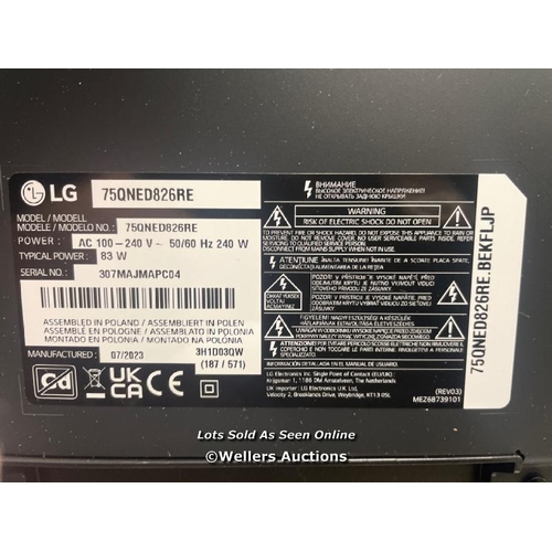 8073 - LG 75QNED826RE 75 INCH QNED 4K ULTRA HD TV / POWERS UP AND APPEARS FUNCTIONAL, OVERALL GOOD COSMETIC... 