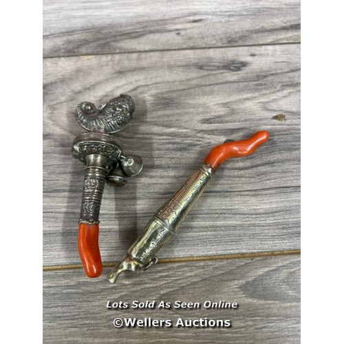 8075 - ABE TWO VICTORIAN SILVER & CORAL CHILDS RATTLES - WHISTLE / TEETHERS