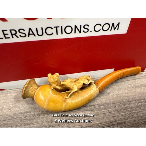 8120 - ANTIQUE MEERSCHAUM PIPE CARVED WITH FOX & CUB AMBER STEM