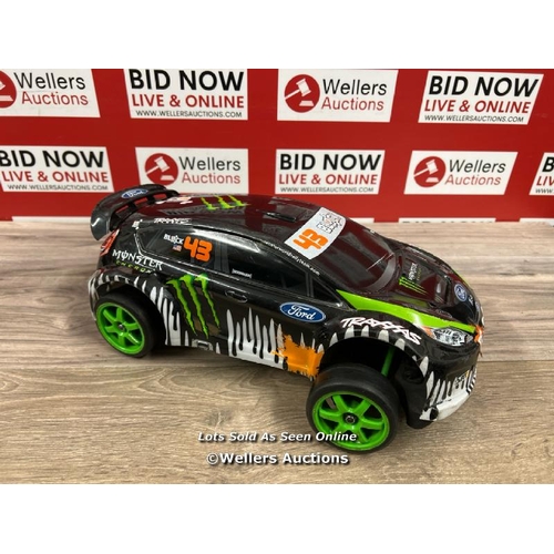 8136 - KEN BLOCK FIESTA TRAXXAS 1/16 RC CAR / POWERS UP AND APPEARS FUNCTIONAL (VERY FAST, GOOD FUN!!!!)