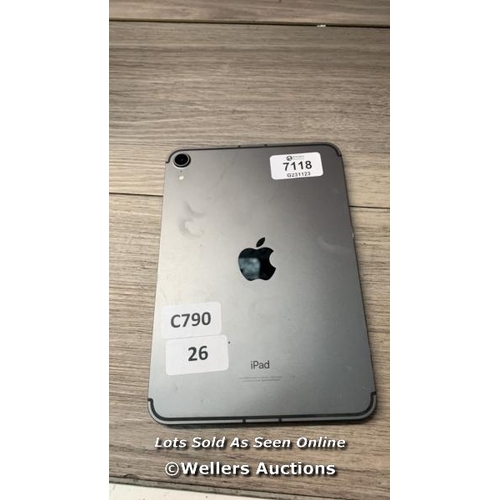 7118 - APPLE IPAD MINI 8.3'' (2021) 6TH GEN / A2568 / 64GB / SERIAL: WK67HR52XLP / I-CLOUD (ACTIVATION) LOC... 