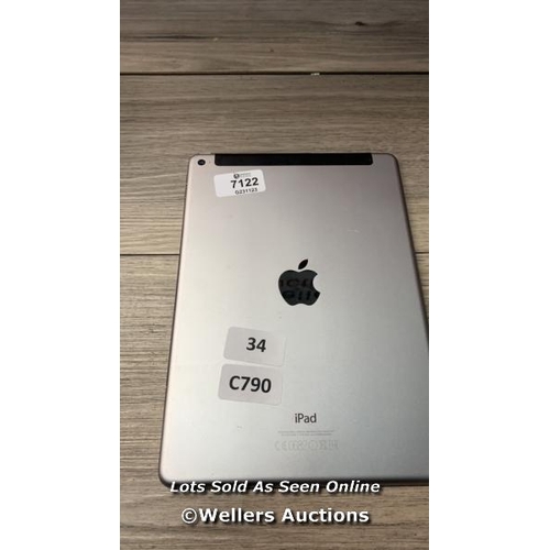 7122 - APPLE IPAD AIR 2 / A1567 / 16GB / SERIAL: DMQNQ33UG5WQ / I-CLOUD (ACTIVATION) LOCKED / RESTORED TO F... 