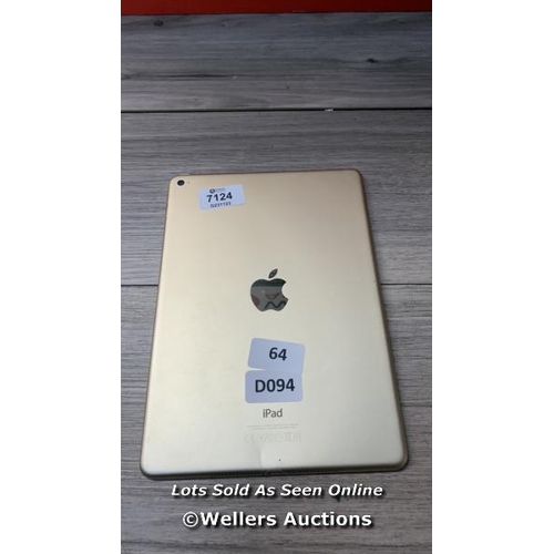 7124 - APPLE IPAD AIR 2 / A1566 / 128GB / SERIAL: DMPNGCV3G5W3 / I-CLOUD (ACTIVATION) LOCKED / RESTORED TO ... 