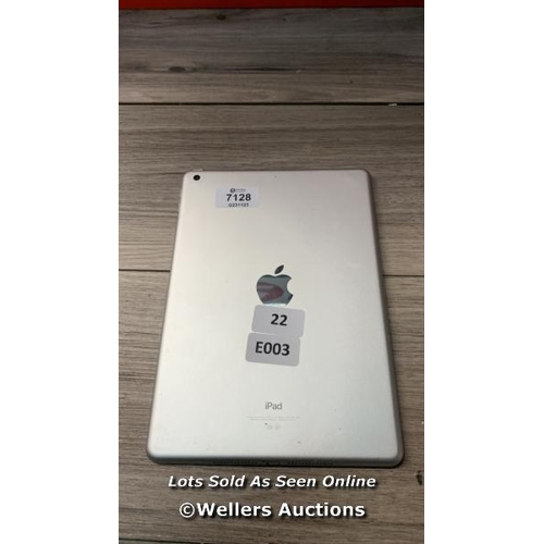 7128 - APPLE IPAD - 5TH GEN / A1822 / 128GB / SERIAL GCGVT7EFHLFF: / I-CLOUD (ACTIVATION) LOCKED / RESTORED... 