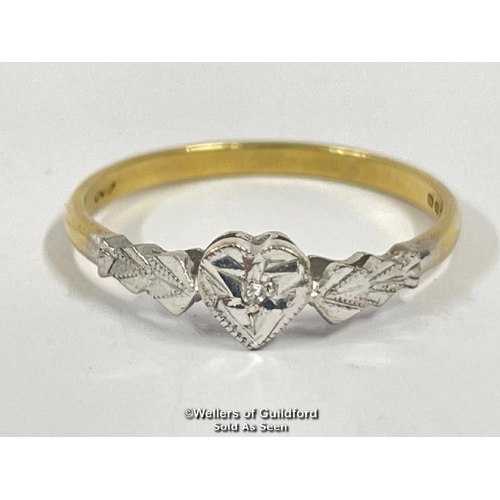 345 - Heart motif ring set with a tiny single cut diamond in hallmarked 18ct gold and platinum. Hallmarks ... 