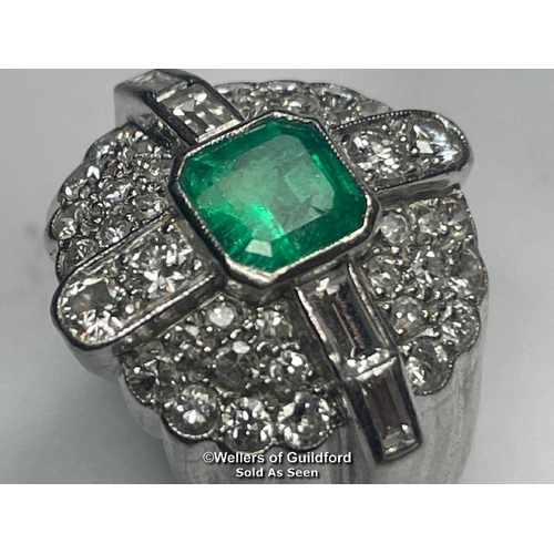 347 - Emerald and diamond ring stamped PT950, set with round brilliant cut, single cut and baguette cut di... 