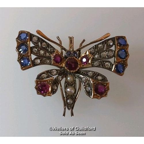 348 - Late Victorian ruby, sapphire, diamond and pearl butterfly brooch with pendant loop and removable br... 