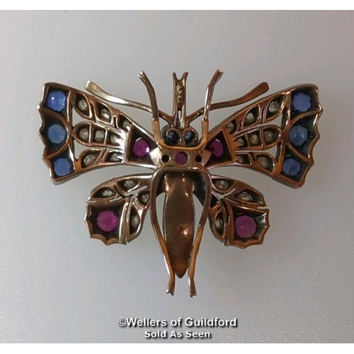 348 - Late Victorian ruby, sapphire, diamond and pearl butterfly brooch with pendant loop and removable br... 