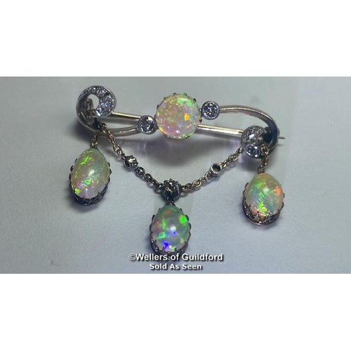 359 - Late Victorian opal and old cut diamond bar brooch with opal and diamond chain, dangle drops the cen... 