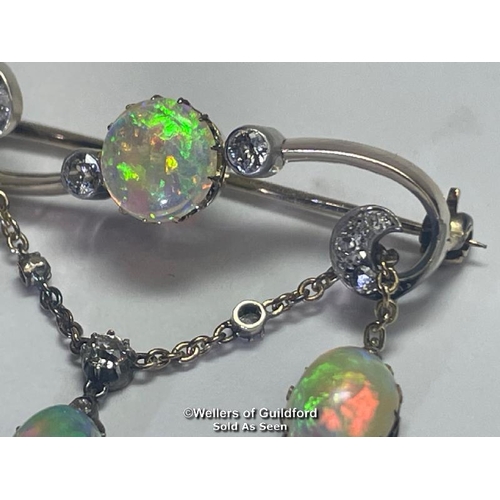 359 - Late Victorian opal and old cut diamond bar brooch with opal and diamond chain, dangle drops the cen... 