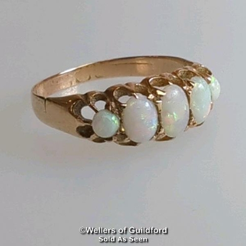 368 - Opal five stone ring. Rubbed hallmark. Ring size O. Gross weight 1.42g. Condition - some wear to opa... 