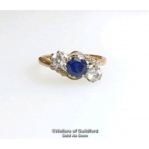 369 - Synthetic sapphire and white sapphire three stone ring in a mount stamped 9ct gold. Ring size L. Gro... 