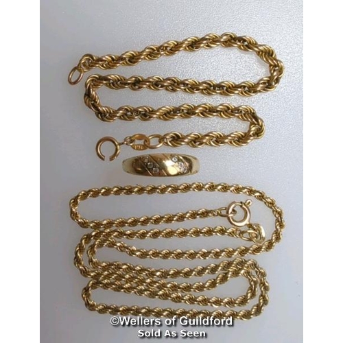 370 - Three items: a solid rope chain in hallmarked 9ct gold, length 38cm, weight 7.52g; a hollow rope bra... 