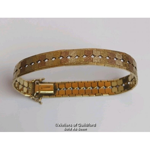 371 - Three colour gold satin textured bracelet stamped 375, length 18cm, gross weight 18.66g. Condition -... 